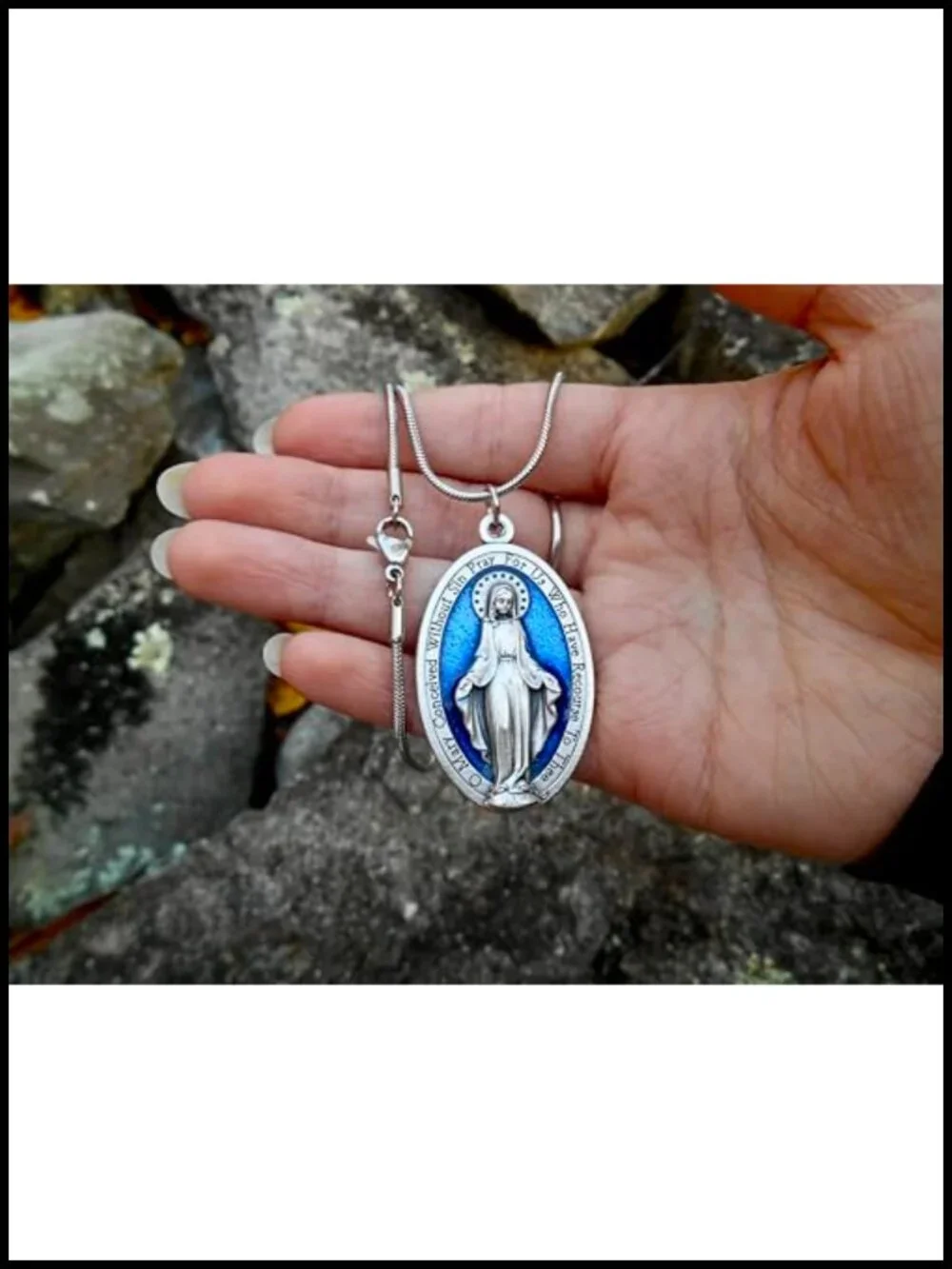 Blue Enamel Miraculous Medal Pendant Necklace, Stainless Steel Chain